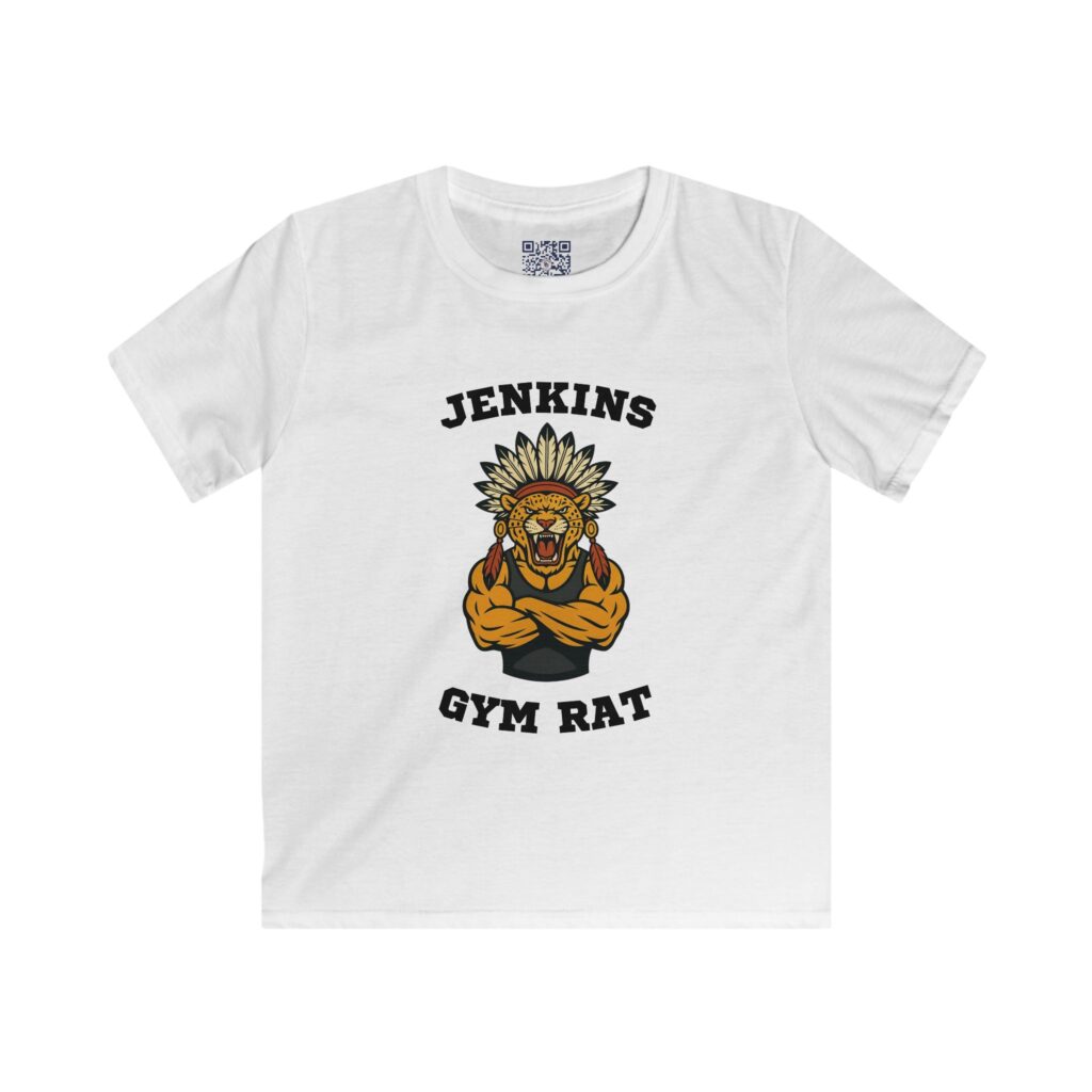 Youth tee with Jagwarrior Wrestling Gym Rat text printed on the front chest.