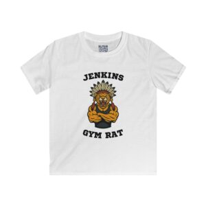 Youth tee with Jagwarrior Wrestling Gym Rat text printed on the front chest.