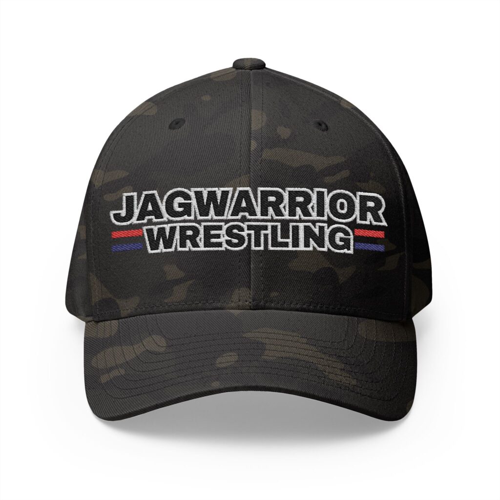 Jagwarrior Wrestling embroidered design on an adult flexfit hat