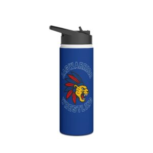 White stainless steel water bottle printed with Jagwarrior Wrestling design