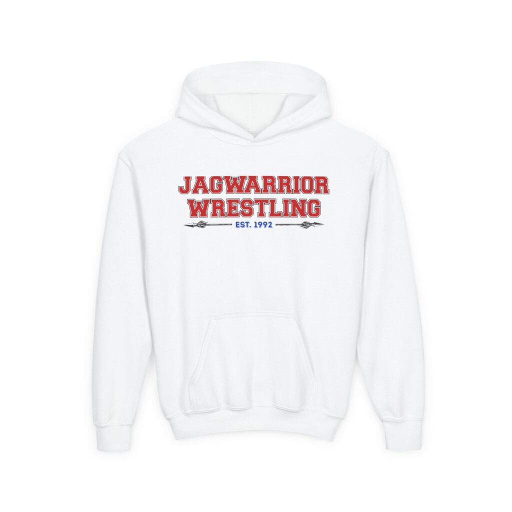 Jagwarrior Wrestling Est. graphic printed on front of youth hoodie