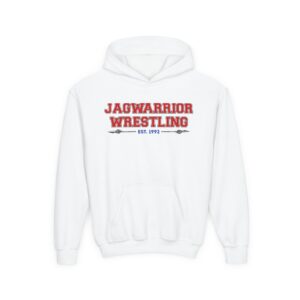 Jagwarrior Wrestling Est. graphic printed on front of youth hoodie