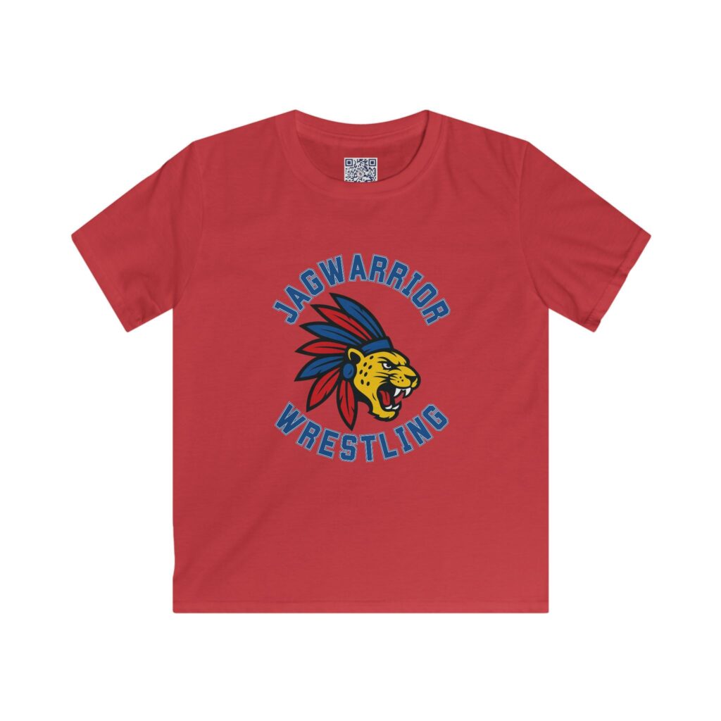 Jagwarrior Wrestling youth tee with school name and wrestling graphic on the front.