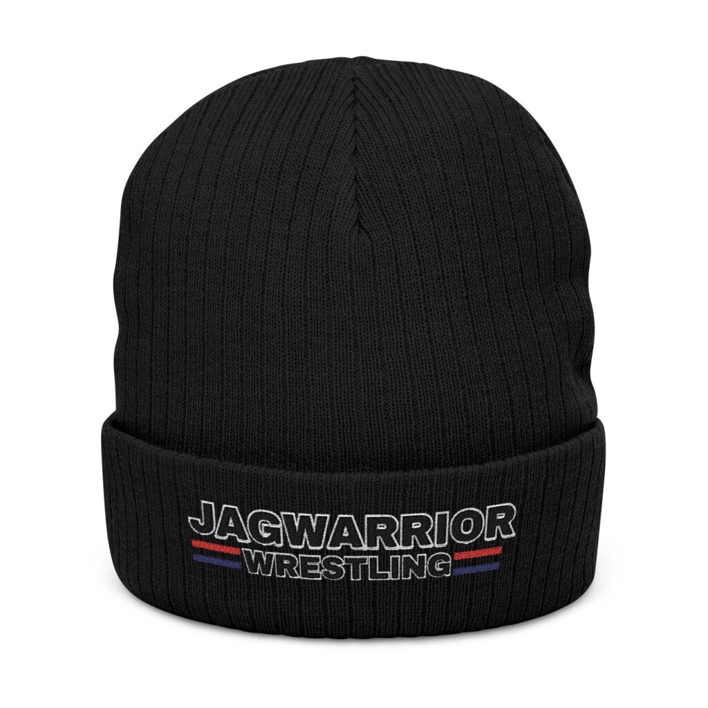 Embroidered Jagwarrior Wrestling design on a ribbed knit beanie in black, heather grey, or navy.