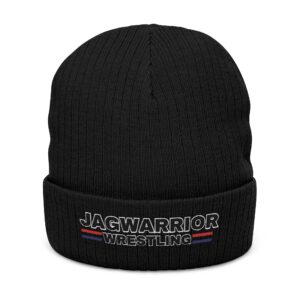 Embroidered Jagwarrior Wrestling design on a ribbed knit beanie in black, heather grey, or navy.