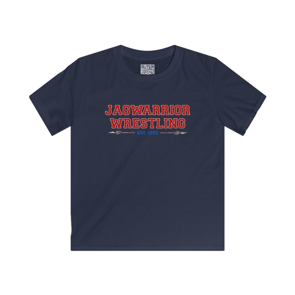 Youth tee printed with Jagwarrior Wrestling Est. graphic on the front chest