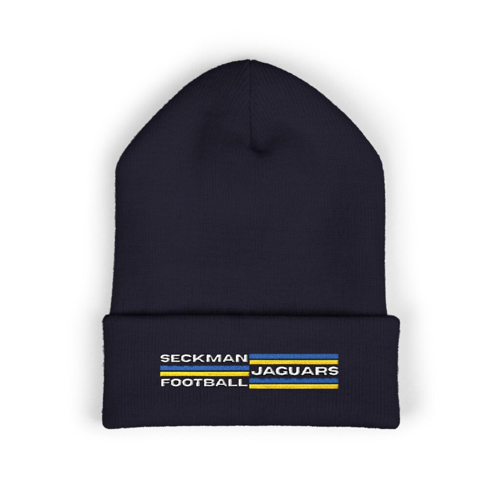 Embroidered Seckman Jaguars stripes on a cuffed knit beanie