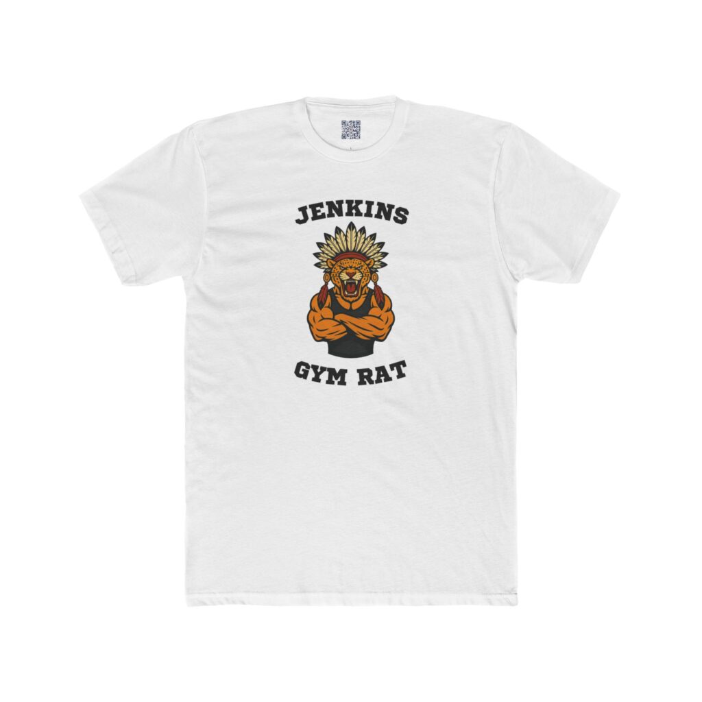 Jenkins Gym Rat design for Jagwarrior Wrestling printed on an adult tee, shown in black, grey, navy, red, royal, and white.