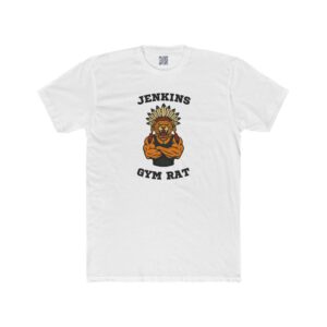 Jenkins Gym Rat design for Jagwarrior Wrestling printed on an adult tee, shown in black, grey, navy, red, royal, and white.
