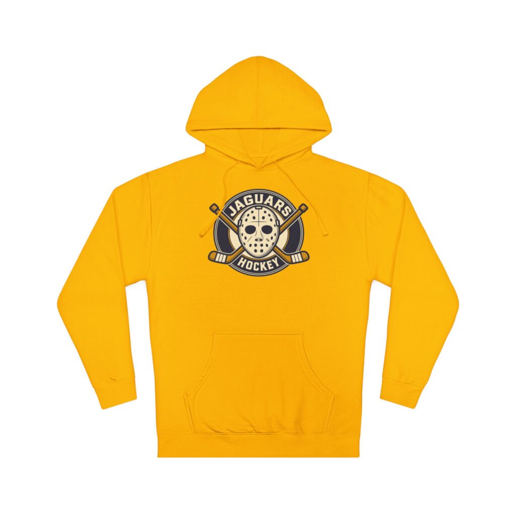 Retro hockey goalie mask graphic on Seckman Jaguars hoodie