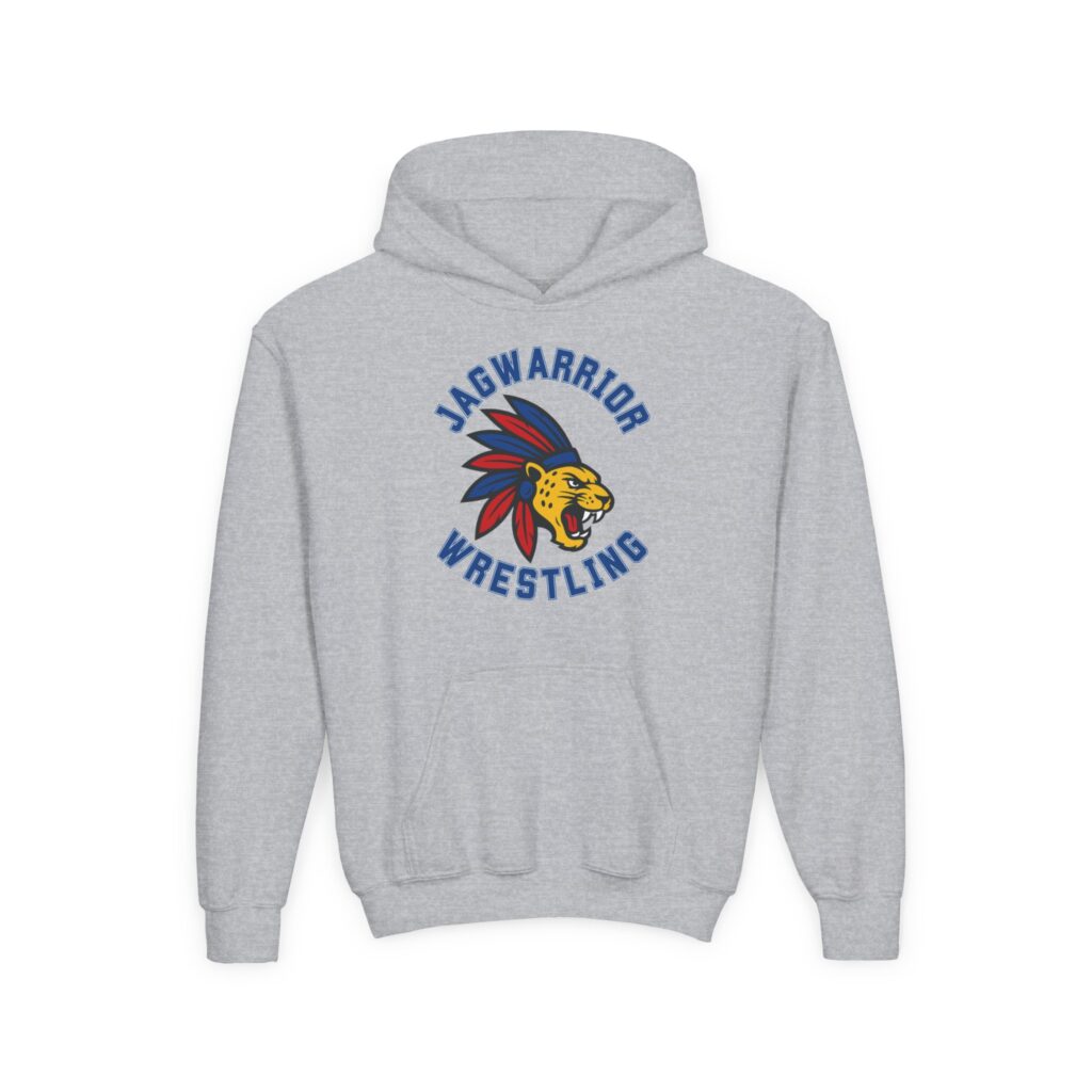 Jagwarrior Wrestling graphic printed on a youth hoodie
