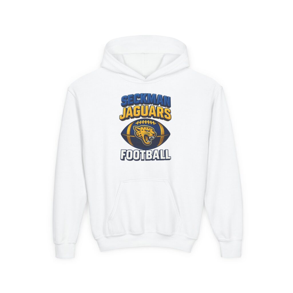 Jaguar mascot on a football design printed on a Seckman Jaguars youth hoodie