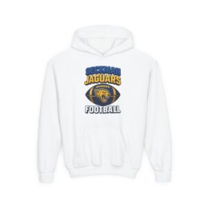 Jaguar mascot on a football design printed on a Seckman Jaguars youth hoodie