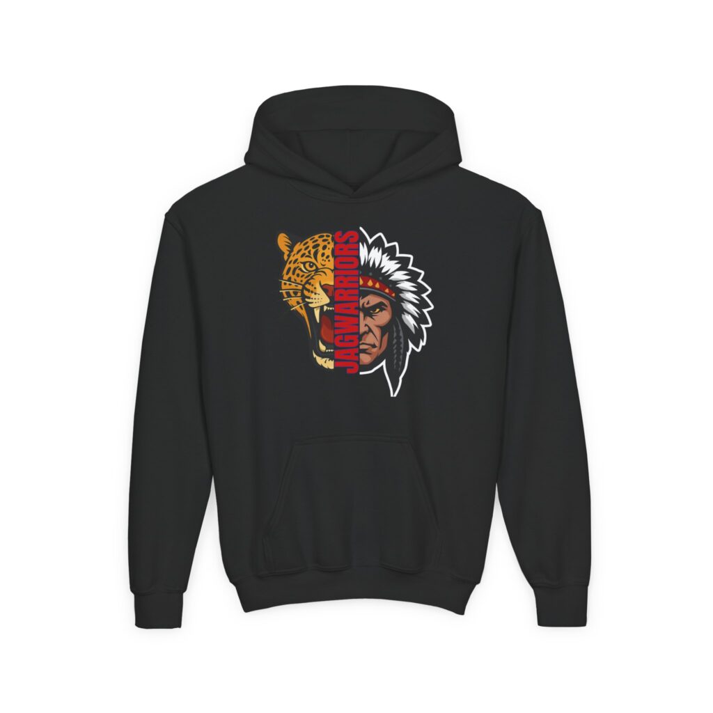 Jagwarrior Faces design printed on the front of a youth hoodie