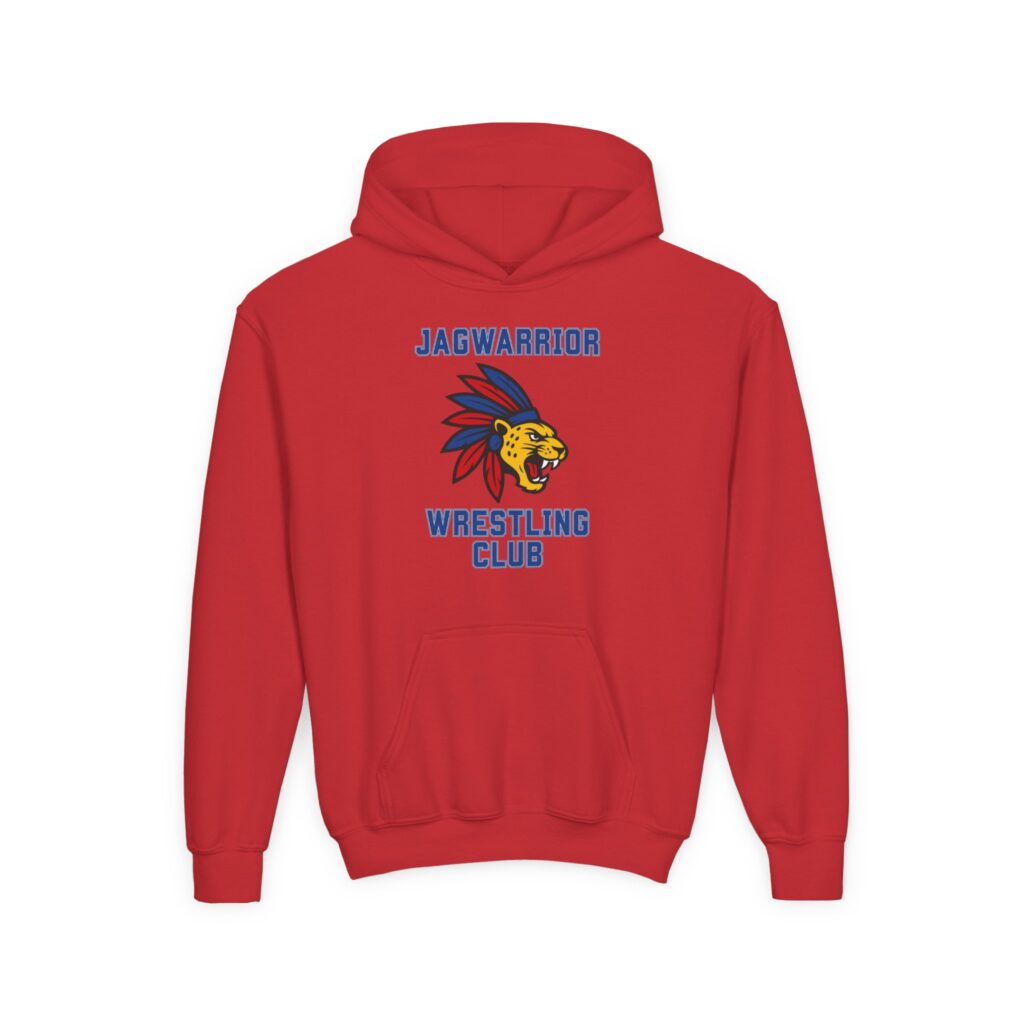Jagwarrior Wrestling Club logo printed on the front of a youth hoodie