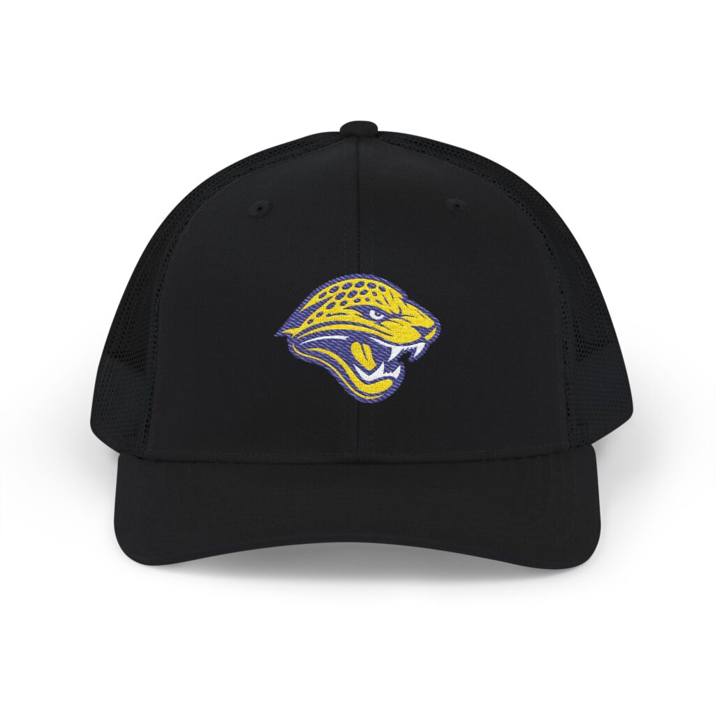 Seckman Jaguars logo on an adult snapback trucker cap in black or heather grey