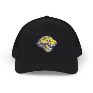 Seckman Jaguars logo on an adult snapback trucker cap in black or heather grey