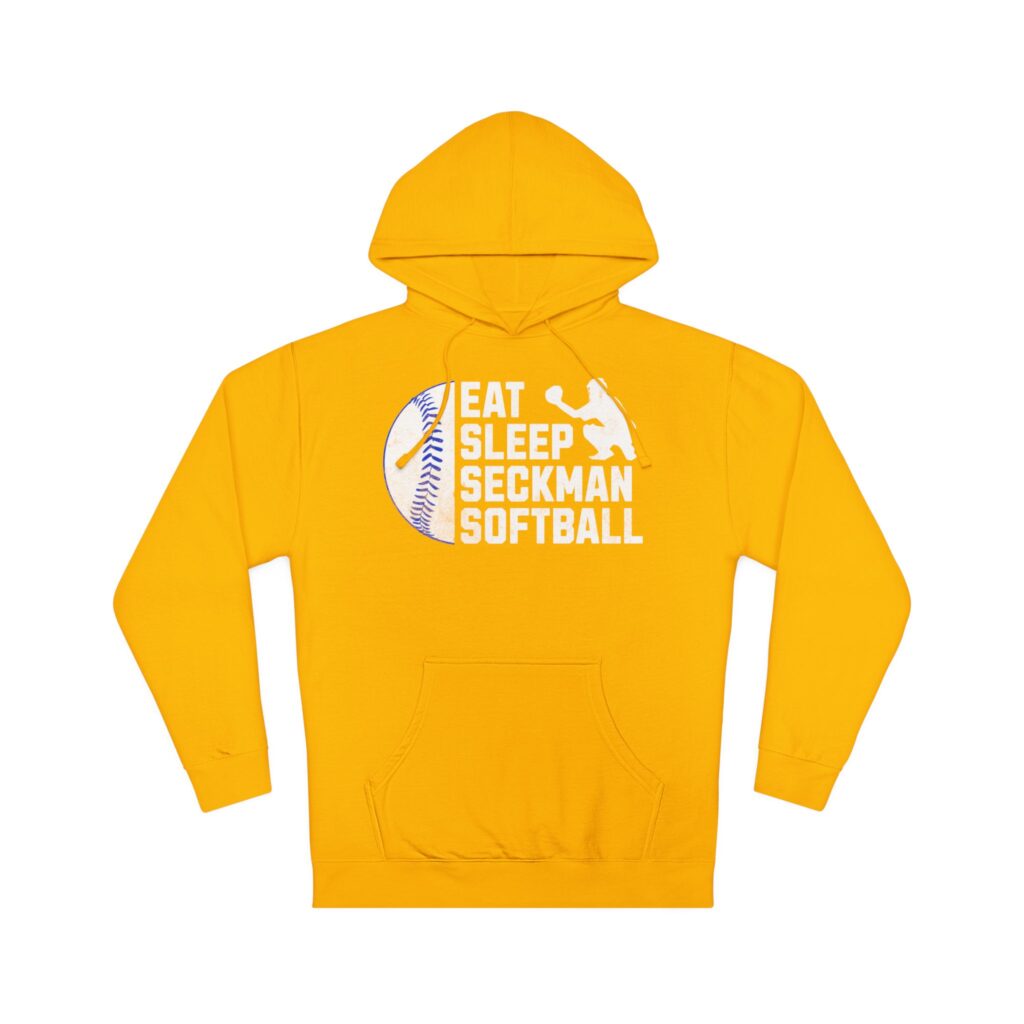 Eat Sleep Seckman Softball text printed on the front of an adult hoodie