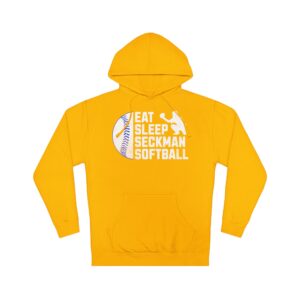 Eat Sleep Seckman Softball text printed on the front of an adult hoodie