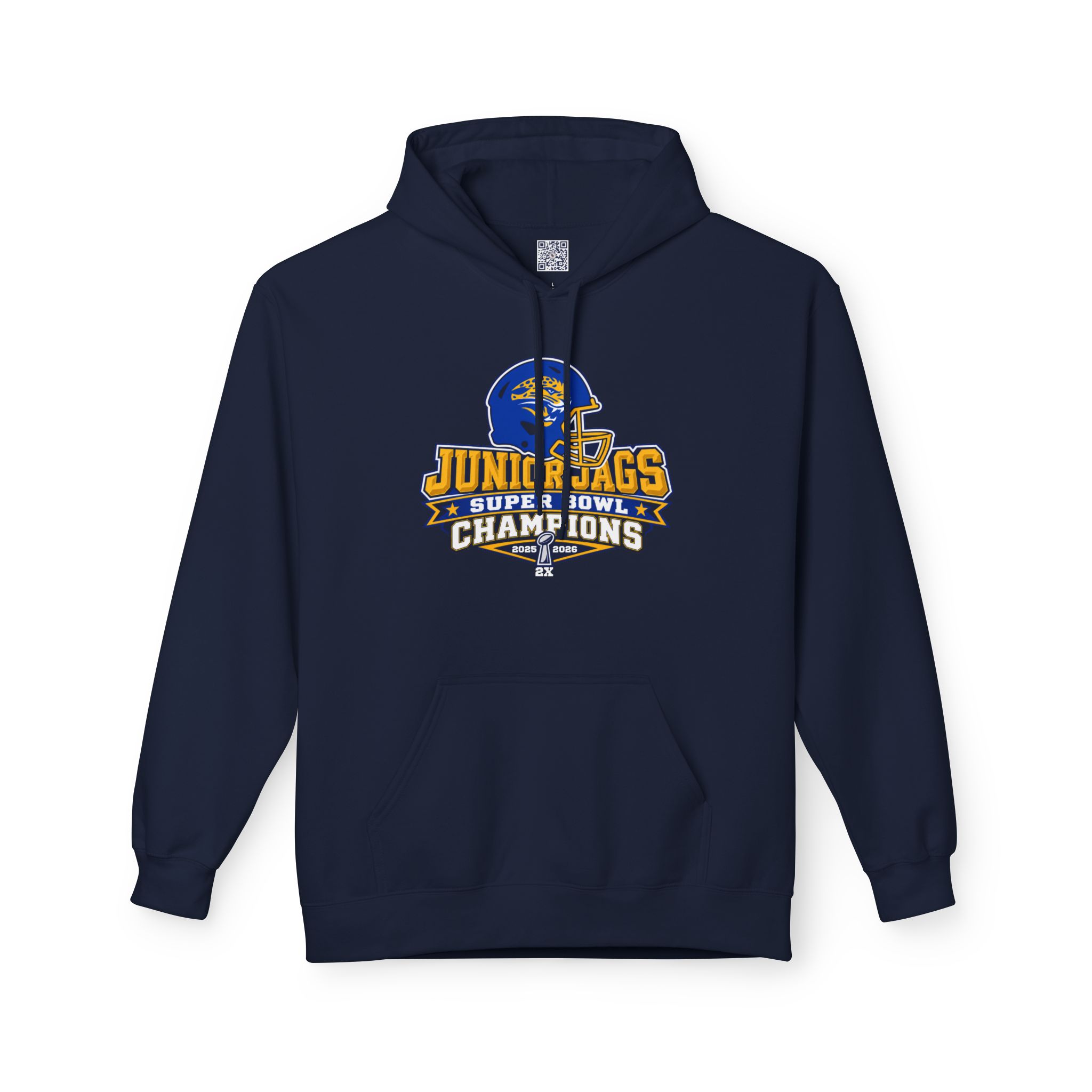 Adult hoodie printed with 4th Grade Jr. Jags 2X Champions 2025/2026 design for Seckman Jaguars football