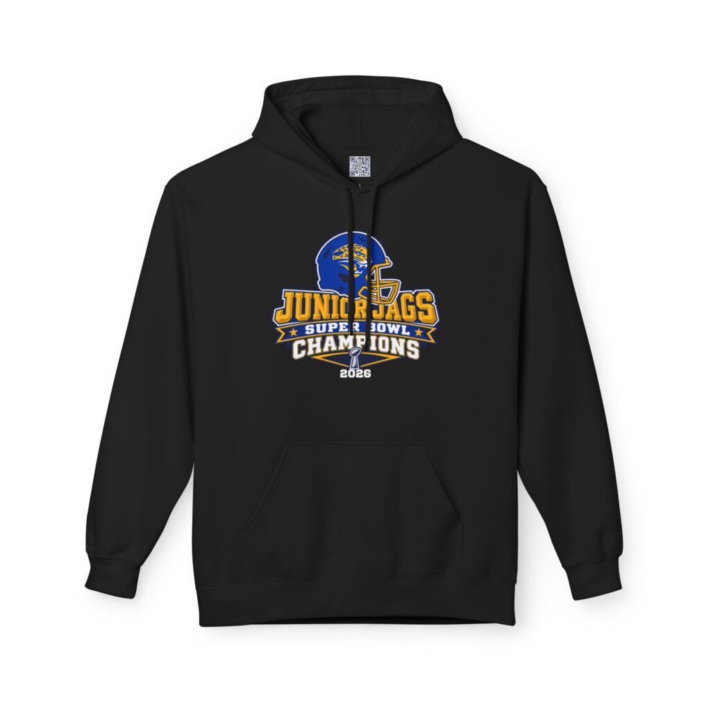 2026 Jr. Jags Champions graphic printed on a Seckman Jaguars adult hoodie