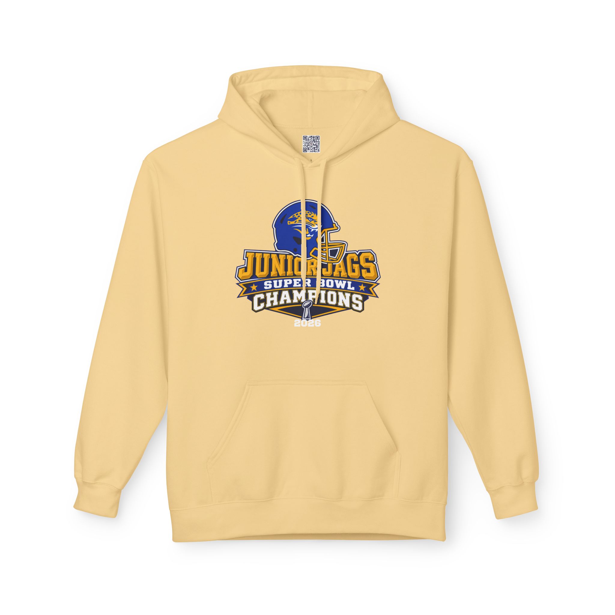 2026 Jr. Jags Champions graphic printed on a Seckman Jaguars adult hoodie