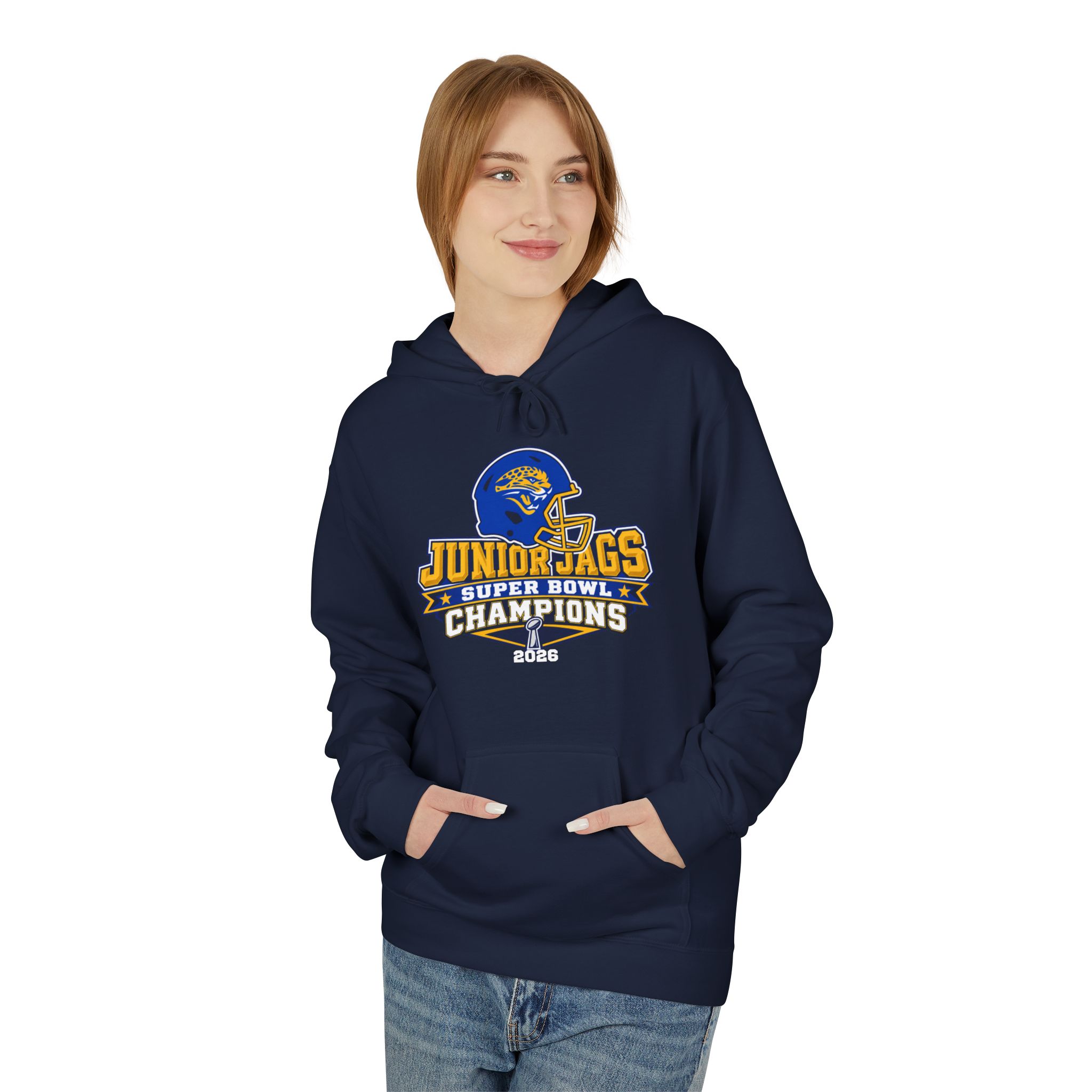 2026 Jr. Jags Champions graphic printed on a Seckman Jaguars adult hoodie