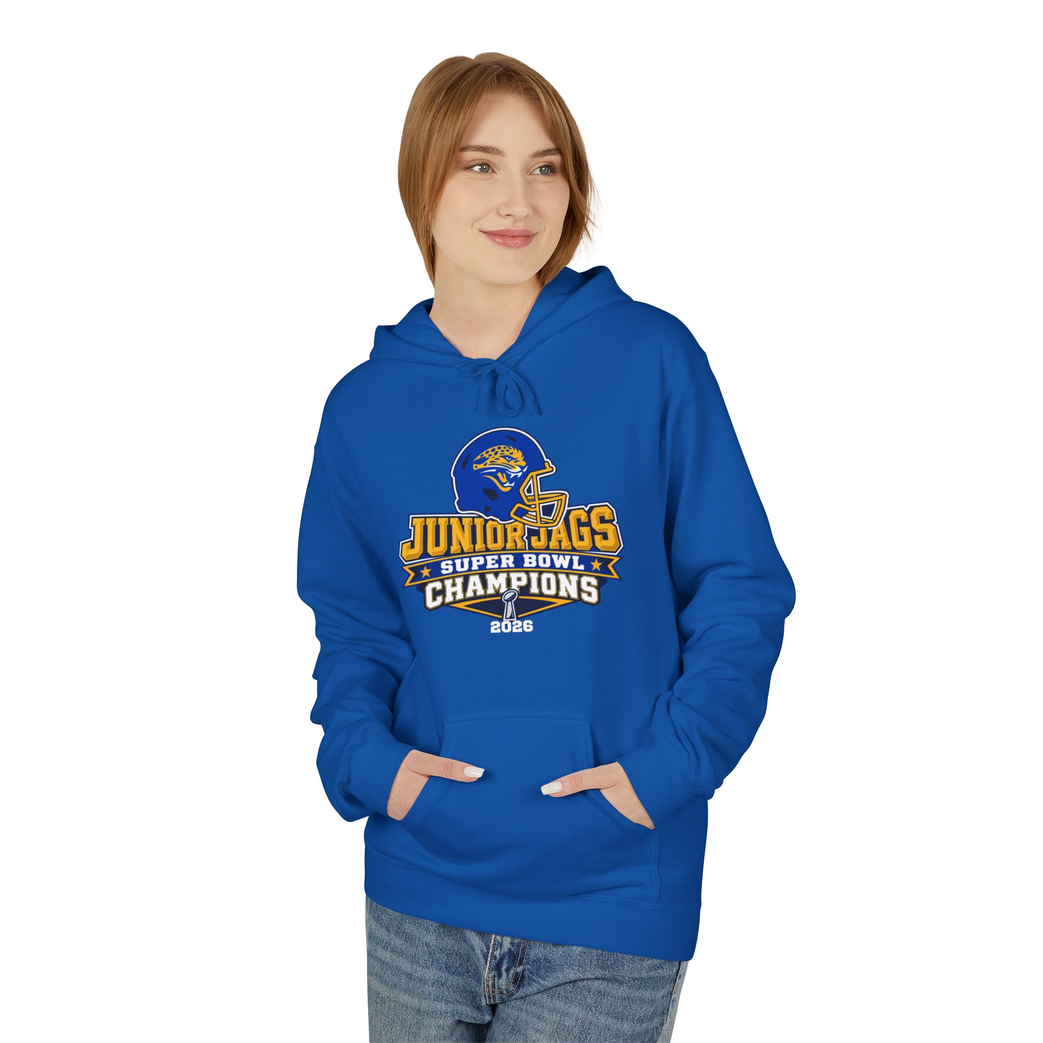 2026 Jr. Jags Champions graphic printed on a Seckman Jaguars adult hoodie
