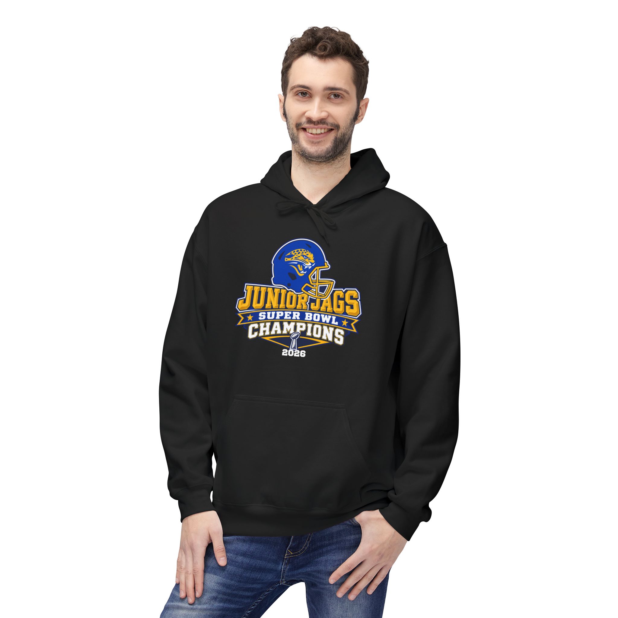 2026 Jr. Jags Champions graphic printed on a Seckman Jaguars adult hoodie