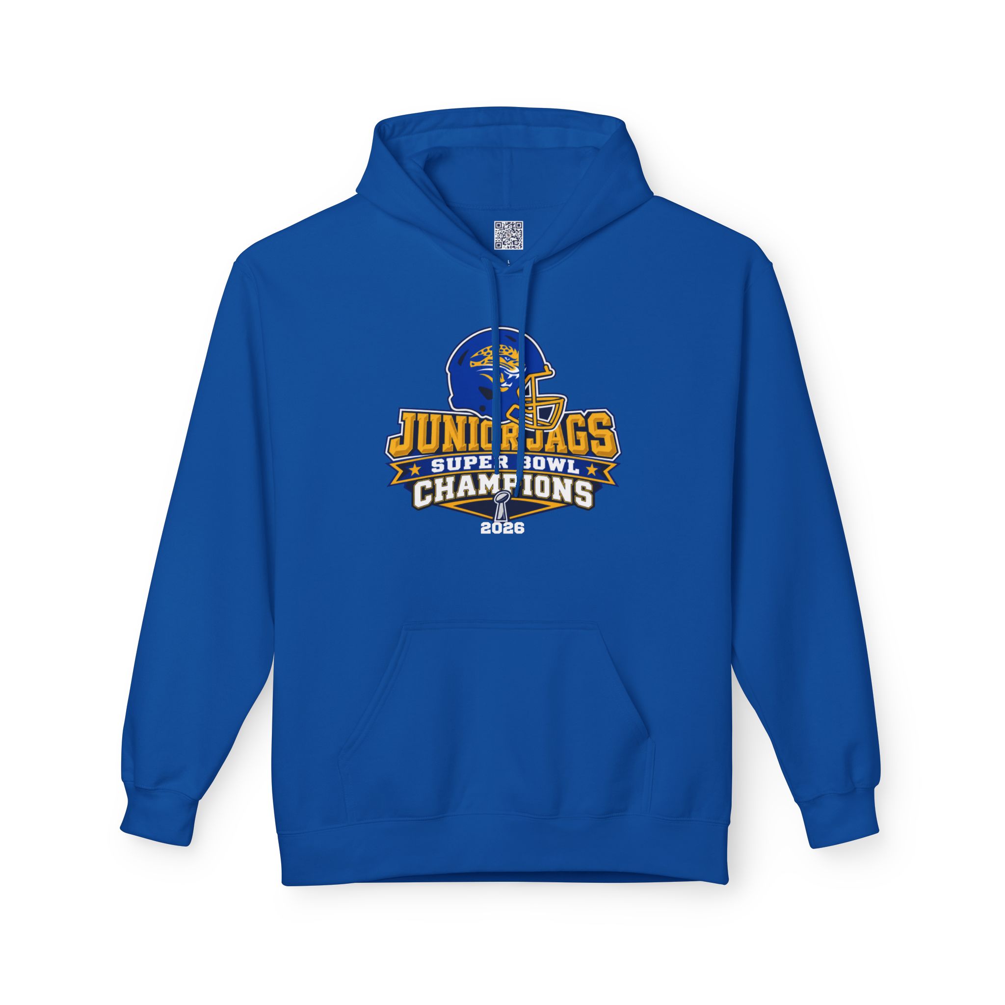 2026 Jr. Jags Champions graphic printed on a Seckman Jaguars adult hoodie