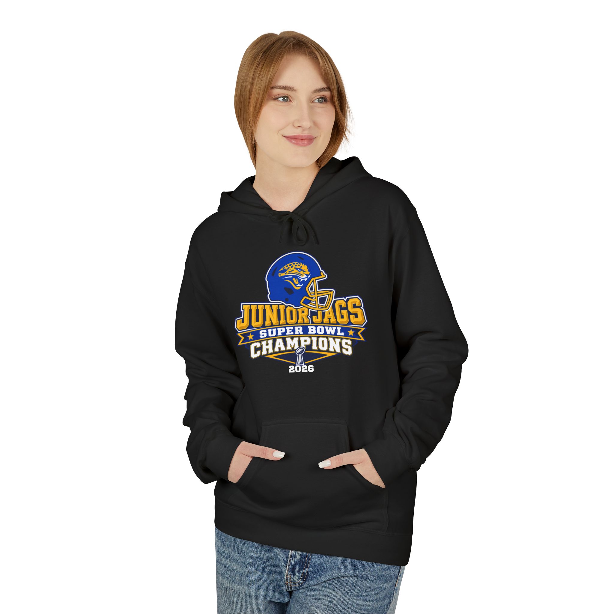 2026 Jr. Jags Champions graphic printed on a Seckman Jaguars adult hoodie