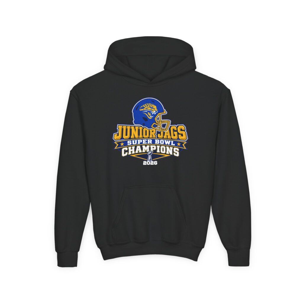 Seckman Jaguars youth hoodie printed with 2026 Jr. Jags Champions football design