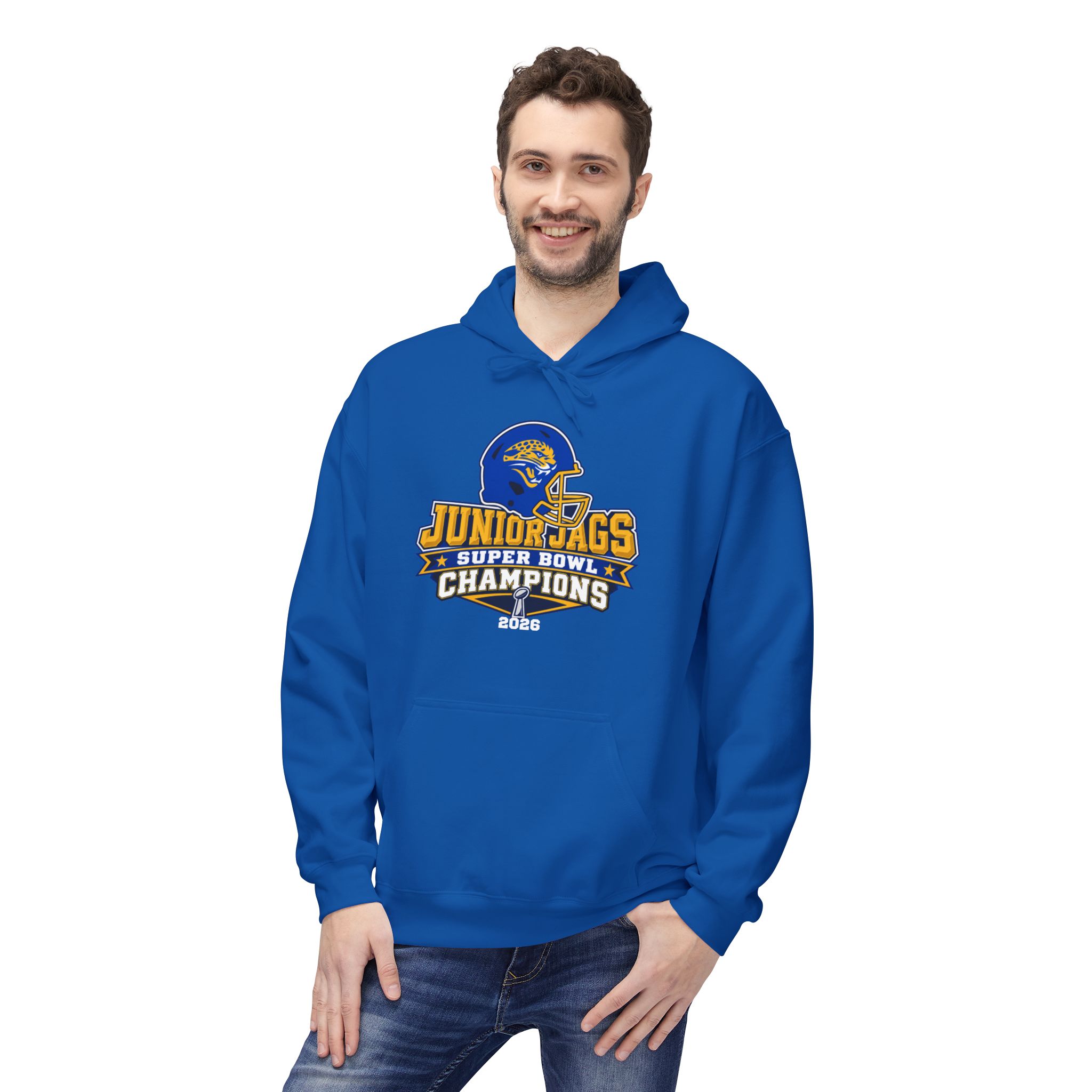 2026 Jr. Jags Champions graphic printed on a Seckman Jaguars adult hoodie