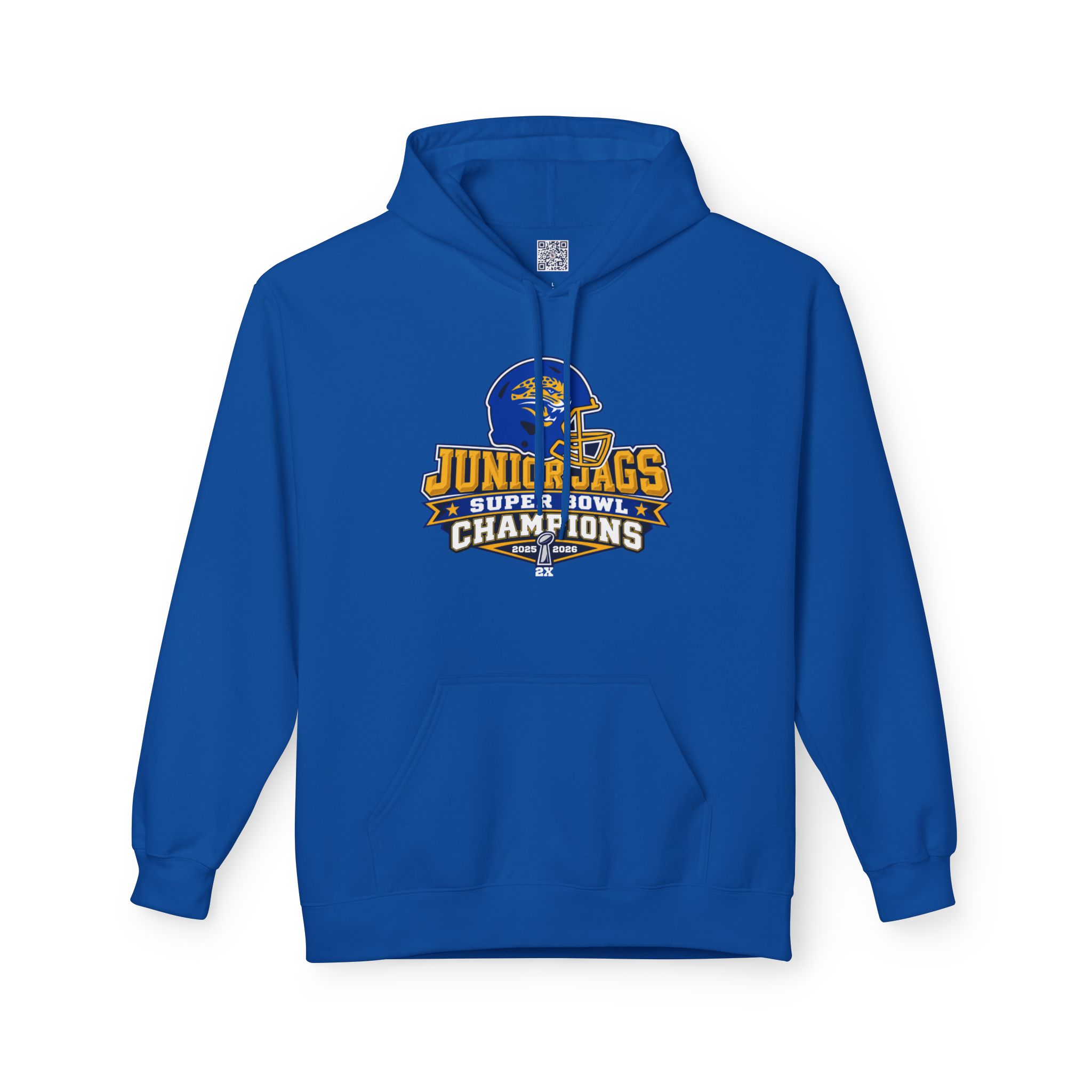 Adult hoodie printed with 4th Grade Jr. Jags 2X Champions 2025/2026 design for Seckman Jaguars football