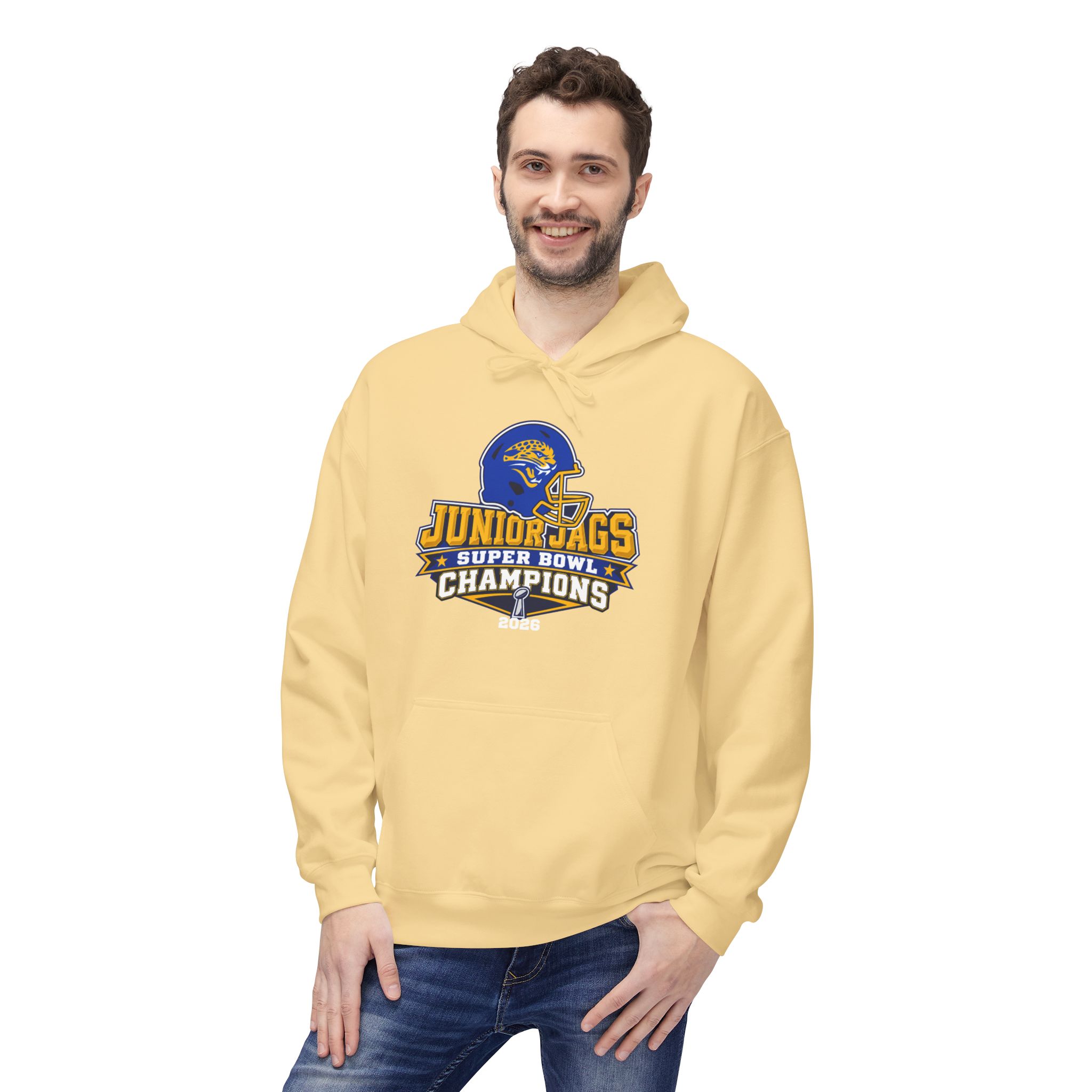 2026 Jr. Jags Champions graphic printed on a Seckman Jaguars adult hoodie