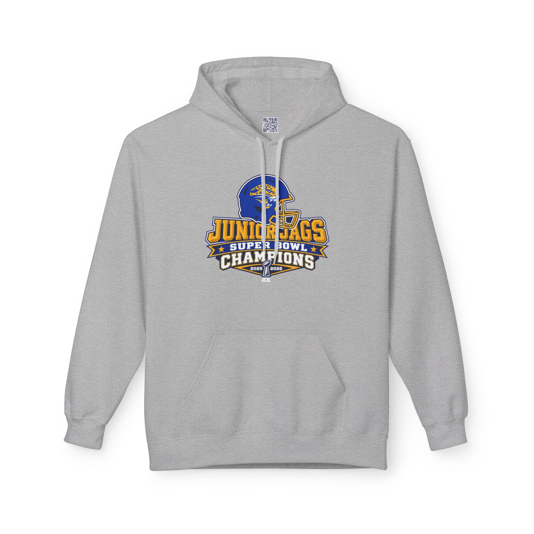 Adult hoodie printed with 4th Grade Jr. Jags 2X Champions 2025/2026 design for Seckman Jaguars football