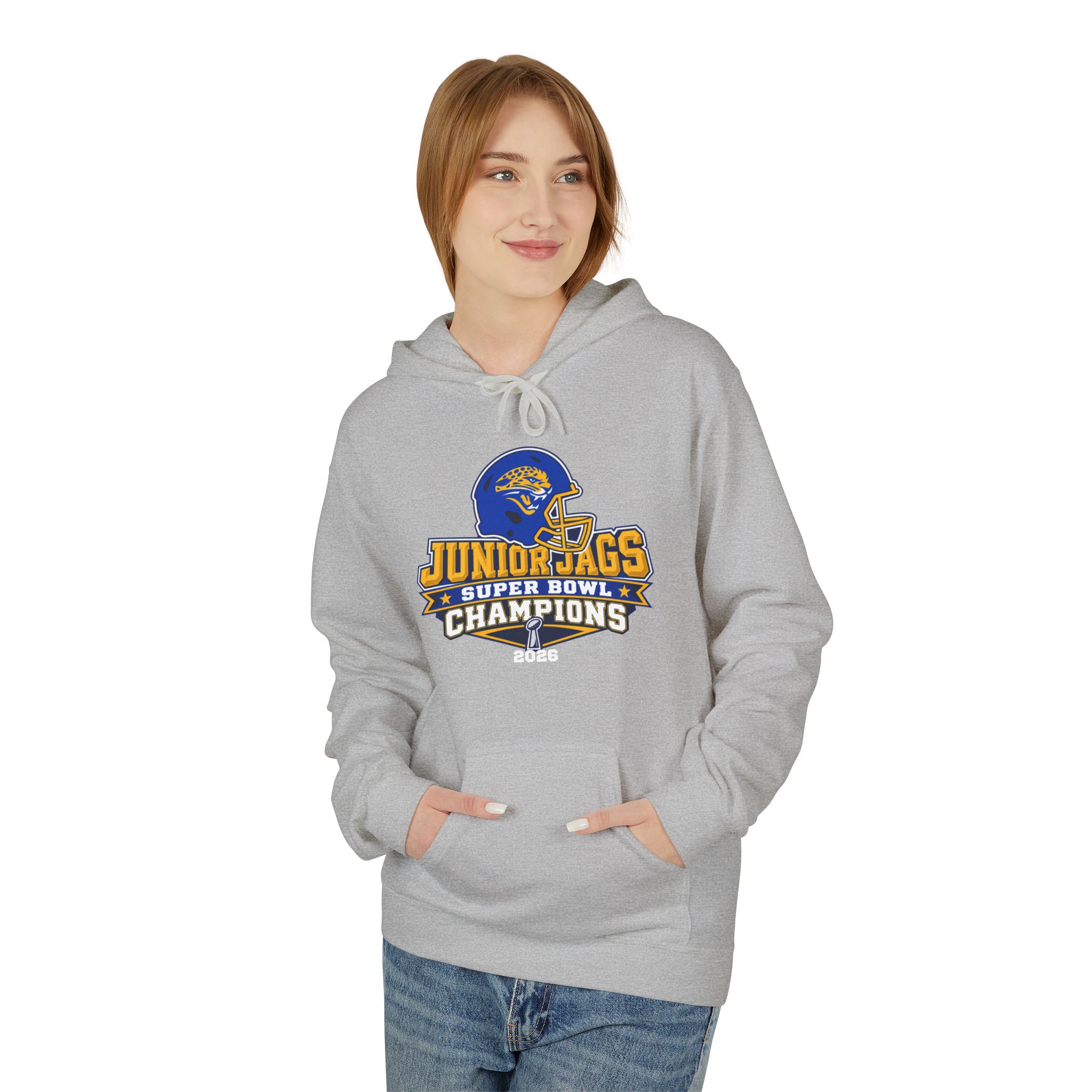 2026 Jr. Jags Champions graphic printed on a Seckman Jaguars adult hoodie
