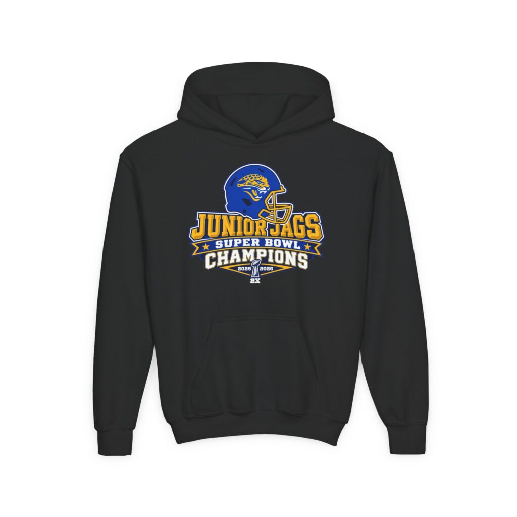 4th Grade Jr. Jags 2X Champions 2025/2026 printed on Seckman Jaguars youth football hoodie