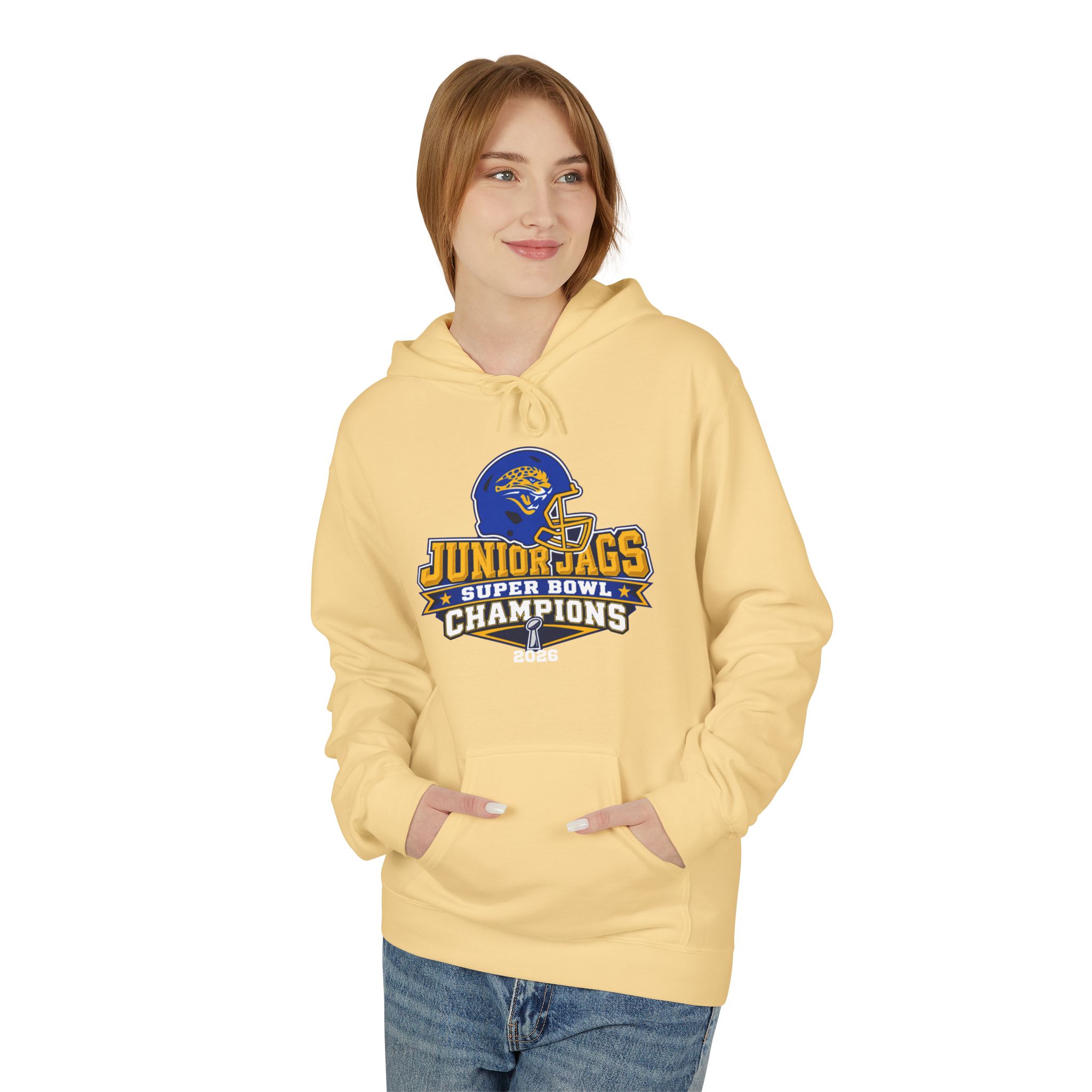 2026 Jr. Jags Champions graphic printed on a Seckman Jaguars adult hoodie