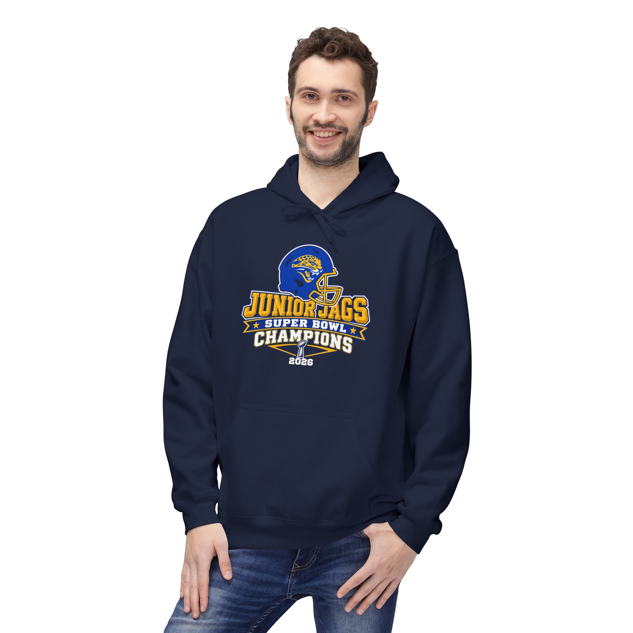 2026 Jr. Jags Champions graphic printed on a Seckman Jaguars adult hoodie