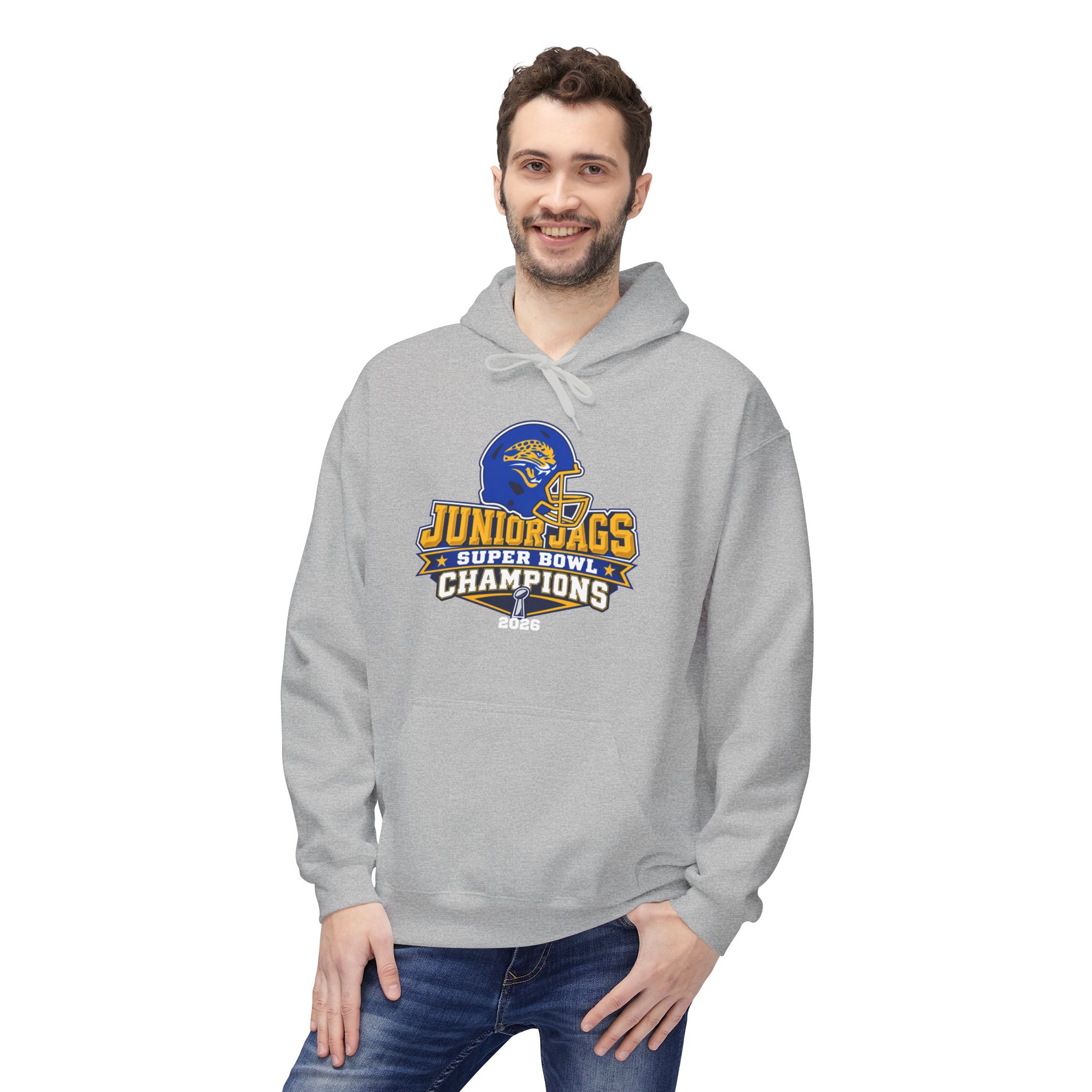 2026 Jr. Jags Champions graphic printed on a Seckman Jaguars adult hoodie