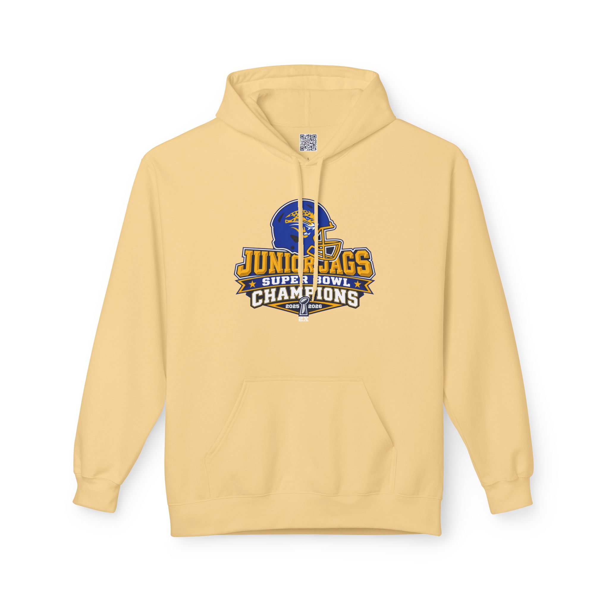 Adult hoodie printed with 4th Grade Jr. Jags 2X Champions 2025/2026 design for Seckman Jaguars football